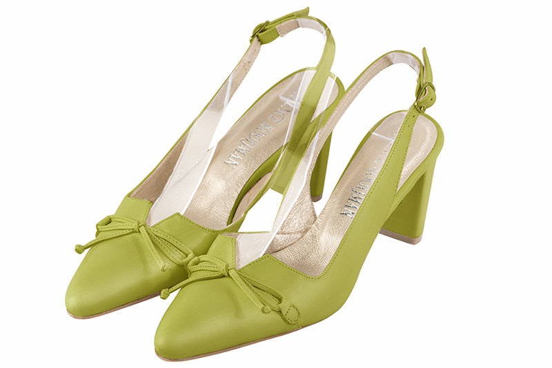 Pistachio green women's open back shoes, with a knot. Tapered toe. Medium comma heels. Front view - Florence KOOIJMAN